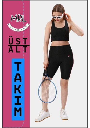 Kadın Siyah Takım Alt-üst Kısa Şort-tayt Ve Pedli Sporcu Büstiyer 2li Set Gül Kurusu Biyeli Elt3043 Siyah Gül