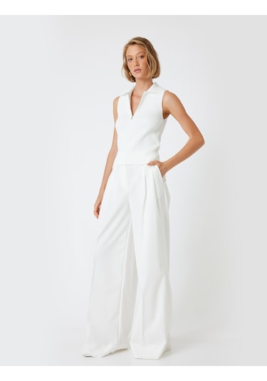 Koton Polo Yaka Kolsuz Triko Üst Yarım Fermuar Detaylı Fitilli Ekru 5wak30020ht