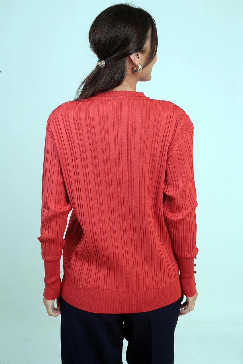 Kadın Kolları Düğmeli Fitilli Triko Bluz-41915 Oranj