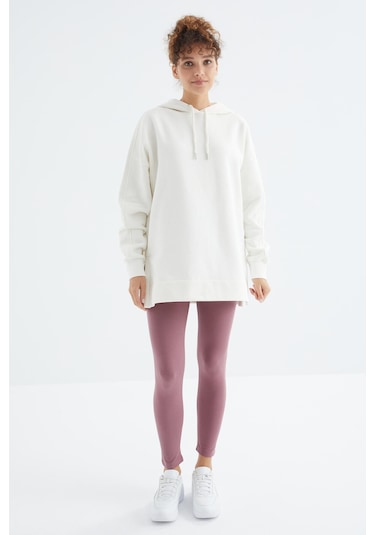 Tommy Life Ekru Reglan Kol Basic Kapüşonlu Oversize Sweatshirt Tunik - 97242 Ekru