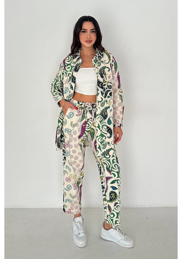 Etnik Desen Baskılı Keten Takım Yeşil Yeşil