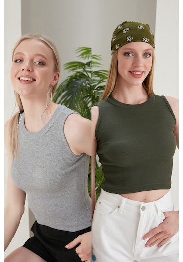 Catspy Kadın Halter Yaka 2'li Crop Bluz Atlet Gri-haki
