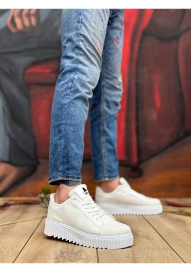 Pabucmarketi Bağcıklı Triko Erkek Ayakkabı Beyaz Beyaz Taban Çok Renkli