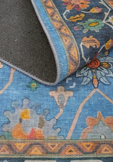 Cool Halı Beylerbeyi By 845 Mavi Halı Çiçek Desenli Otantik Ev Salon Halısı Yıkanabilir Şönil Halı