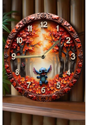 3d Görünümlü "stitch İle Sonbahar" Mdf Duvar Saati Sdw323 Renkli