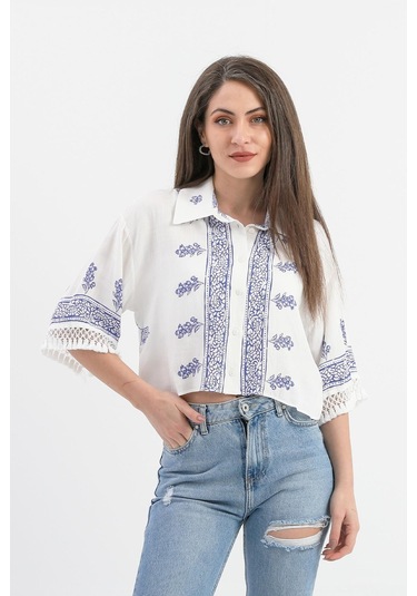 Antik Desenli Kolları Püsküllü Gömlek - Saksmavisi-saksmavisi Saks