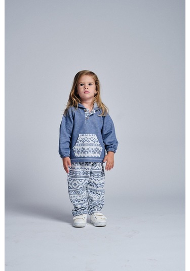 Etnik Desen Kanguru Cepli 2 Li Takım İndigo
