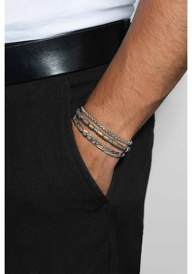 Kahverengi Hematit Taşlı Ayarlanabilir Erkek Çelik Üçlü Bileklik Seti Gri