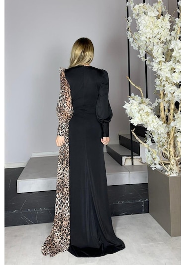 Ges Moda G1296 Leopar Detaylı Tasarım Abiye Elbise Siyah Siyah