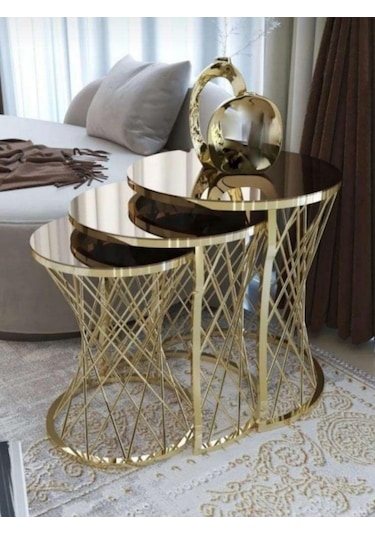 3'lü Anatol Zigon Sehpa Seti Gold Ayak Siyah Cam Gold Bronz