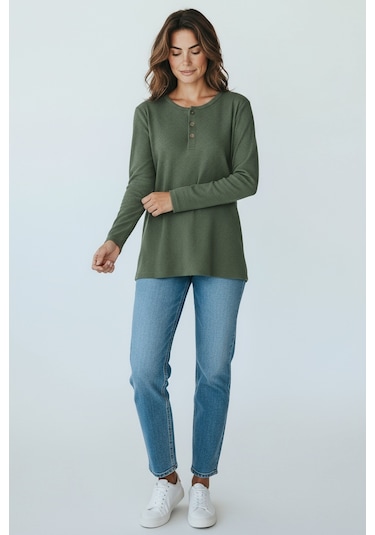 Kadın Yaka Düme Detaylı Mevsimlik Bluz Yeşil