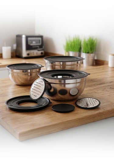 Hascevher 9 Pcs Saklama Ve Karıştırma Seti Rendeli 16/20/24 Renk: Siyah Çelik - Siyah