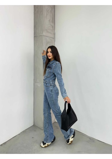 Shevega Kadın Mavi Ispanyol Paça Ceketli Denim Tulum Mavi