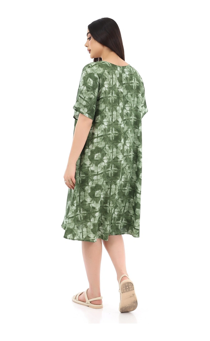 Schık Kadın Viskon Yarım Kol Kare Yaka Elbise Haki Haki