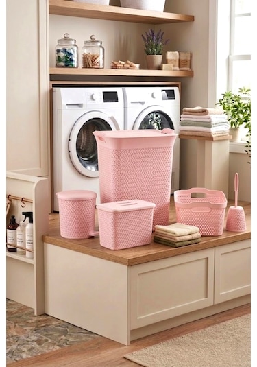 5'li Safir Çamaşır Sepeti Seti Örgü Desenli Pembe