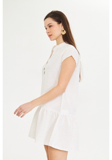 Ekru Keten Mini Elbise Beyaz