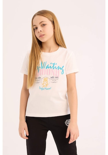 DeFacto Kız Çocuk Bisiklet Yaka Baskılı Kısa Kollu Tişört E0351A825SMWT34 Beyaz