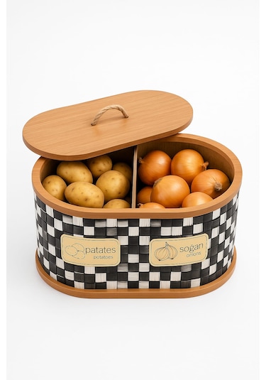 Dekorasyaa 2 Bölmeli Patates Soğanlık - Bambu - Oval Dama Desen Beyaz - Siyah