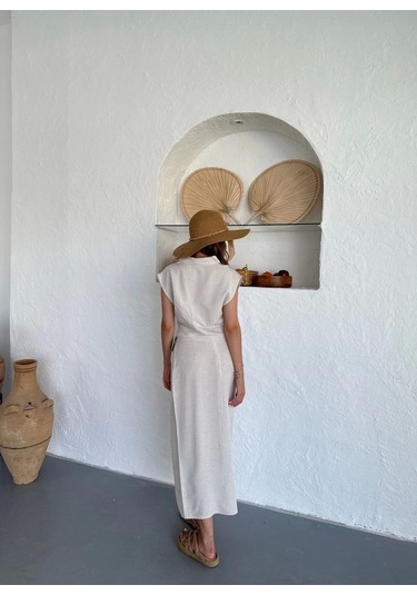 Uzun Etekli Bluz Takım Keten Krem S255852 Krem