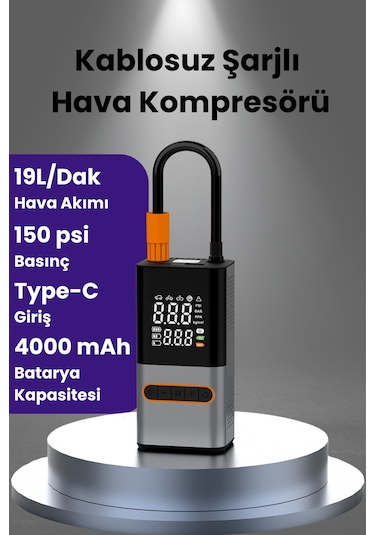 Hava Kompresörü 4000 Mah 4ın1 Şarjlı+araç Taşınabilir Araç Lastik Top Şişirme Pompası Oto Siyah