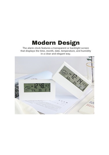 Lemestar Beyaz Şeffaf Lcd Dijital Alarm Saat - Zaman, Tarih, Hafta Günü, Sicaklık Ve Nem Gösterici - Yumuşak Alarm Ve Uyandırma Fonksiyonu
