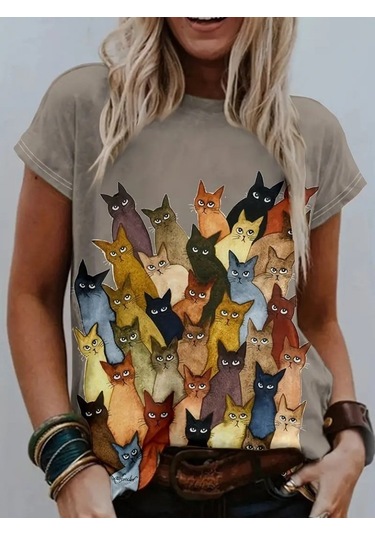 Simala Kadın Kısa Kollu Bisiklet Yaka Kedi Desenli Süprem Bluz SÜTLÜ KAHVE