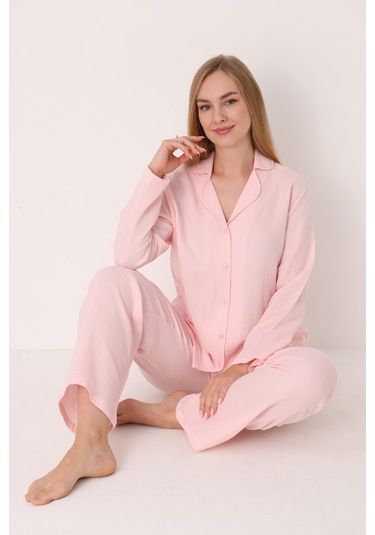 Nbb Kadın Pembe Straight Önden Düğmeli Pijama Takım Pembe