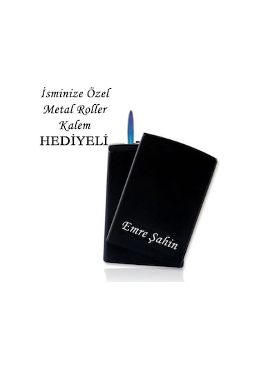 İsme Özel Metal Siyah Pürmüz Alevli Çakmak + Kalem li