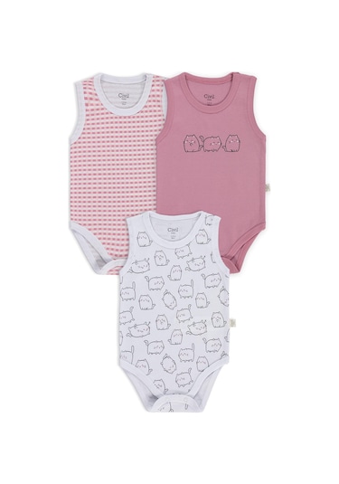 Civil Baby Kedi Empirmeli 3 Lü 0-36 Ay Çıtçıtlı Badi - Beyaz