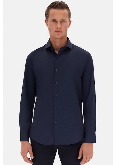 D'S Damat Ds Damat Slim Fit Lacivert İtalyan Yaka Armürlü Gömlek 2HF02ORT3185 Lacivert