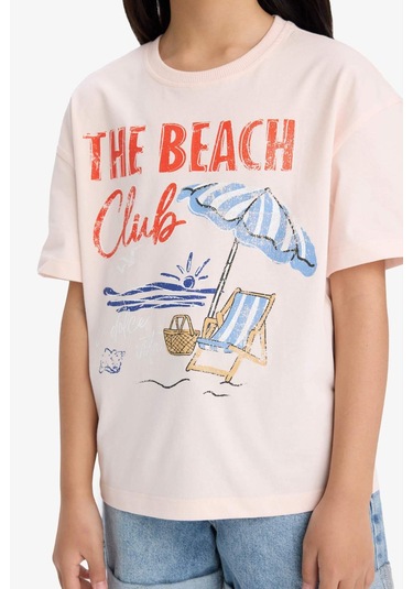 Defacto Kız Çocuk Relax Fit Palmiye Baskılı Bisiklet Yaka Kısa Kollu Tişört E0389a825smpn447 Pembe