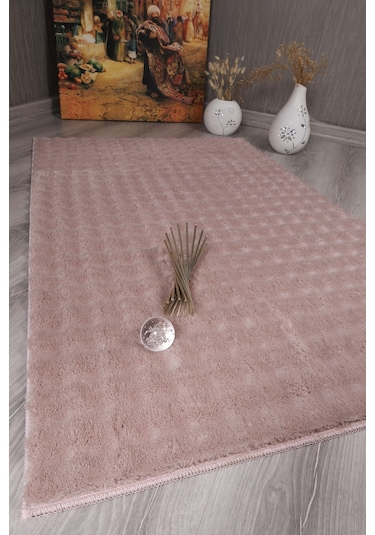 Dekoratif Bubble Uzun Tüylü Yumuşak Puffy Peluş Kaymaz Yıkanabilir Salon Antre Halı Yolluk Pembe