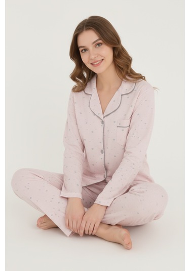 Luxury Viscose Pudra Pembe Minik Kalp Desenli Kadın Uzun Kollu Pijama Takımı 42545 Pembe