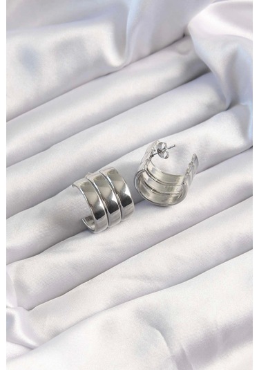 316l Çelik Gümüş Renk 3lü Görünüm Bombe Model Yarım Halka Küpe - Tj-bkp9490 Çok Renkli