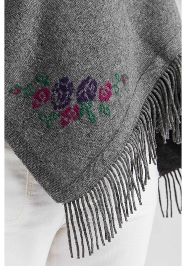 Desen Triko Kadın Triko Kenarı Çiçekli Yün Şal 23224 Füme