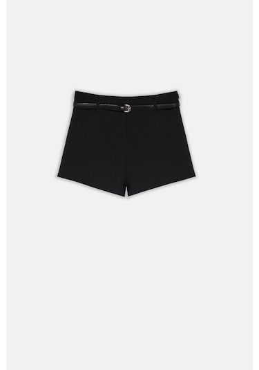 Thalure Kadın Siyah Yüksek Bel Hazır Kemerli Slim Fit Şort siyah