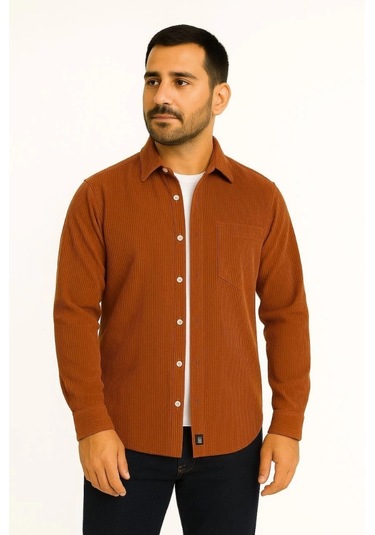 Erkek Fitilli Kadife Cepli Gömlek Oversize Rahat Kalıp - Kahverengi Kahverengi