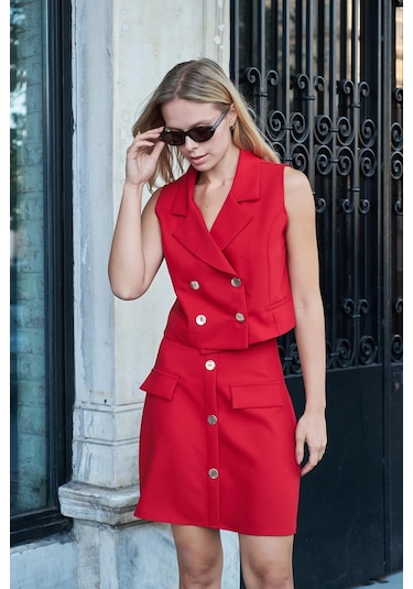 Kadın Diz Üstü Yüksek Bel Önü Düğmeli Cep Kapaklı Hafif Likralı Kumaş Çan Etek-kırmızı Kırmızı