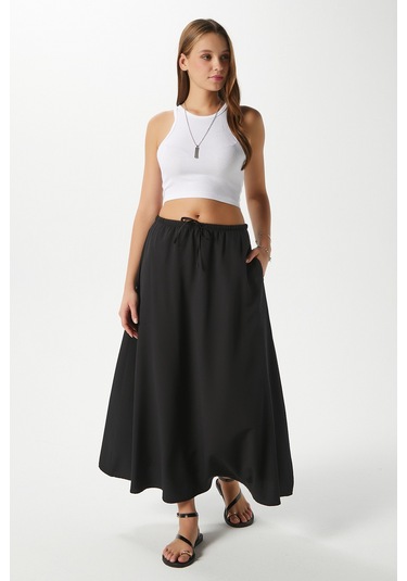 Kadın Trend Modal Serin Kumaş Siyah Bel Lastikli Cepli Rahat Kalıp Uzun Etek