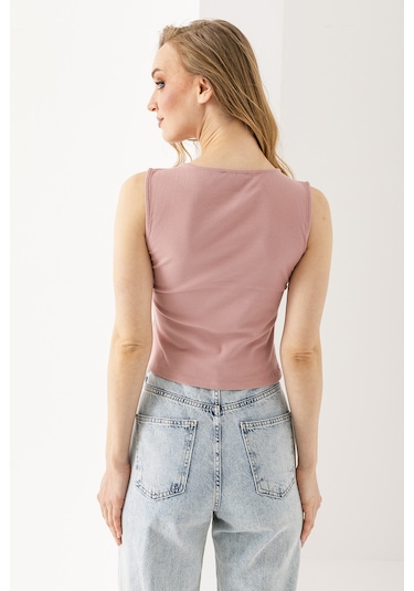 Giysa Kadın Bisiklet Yaka Düğmeli Fitilli Body Pembe - 25y 2457 Şeker Pembe
