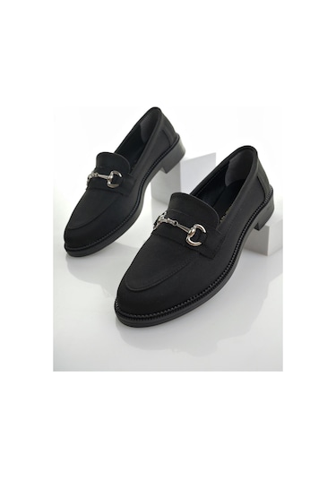 Muggo Sussie Garantili Metal Tokalı Kadın Loafer Günlük Ayakkabı SIYAH SUET