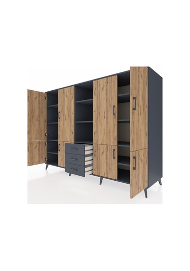 Kronos Dolap 11 Raflı 3 Çekmeceli 8 Kapaklı 220x59x163 Antrasit-ç Antrasit-çam/antrasit