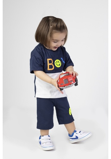 Erkek Bebek Şortlu Kısa Kollu Boys Desen Baskılı Yazlık Basic Alt-üst Takım 6-24 Ay Lacivert