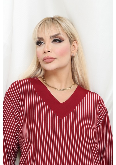 Bambu Viskon V Yaka Uzun Kollu Bluz Rahat Kalıp, Büyük Beden Xl 6xl Bordo