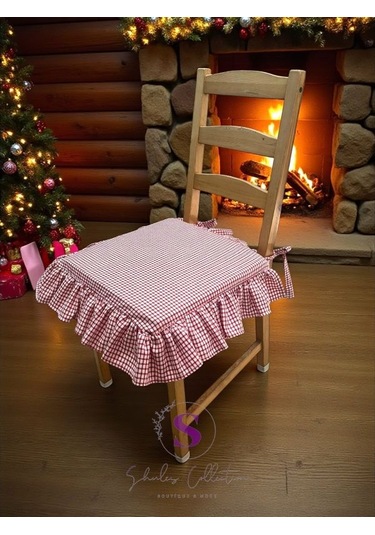 Kırmızı Pitikareli Buldan Yıkanmıs Keten 4 Tarafı Fırfırlı Sandalye Minderi Çok Renkli