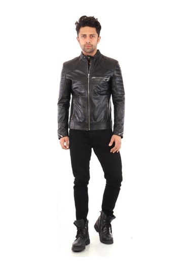 Hakiki Deri Siyah Erkek Deri Mont Omuz Çizgi Detaylı Üç Cepli Fermuarlı Deri Ceket Siyah