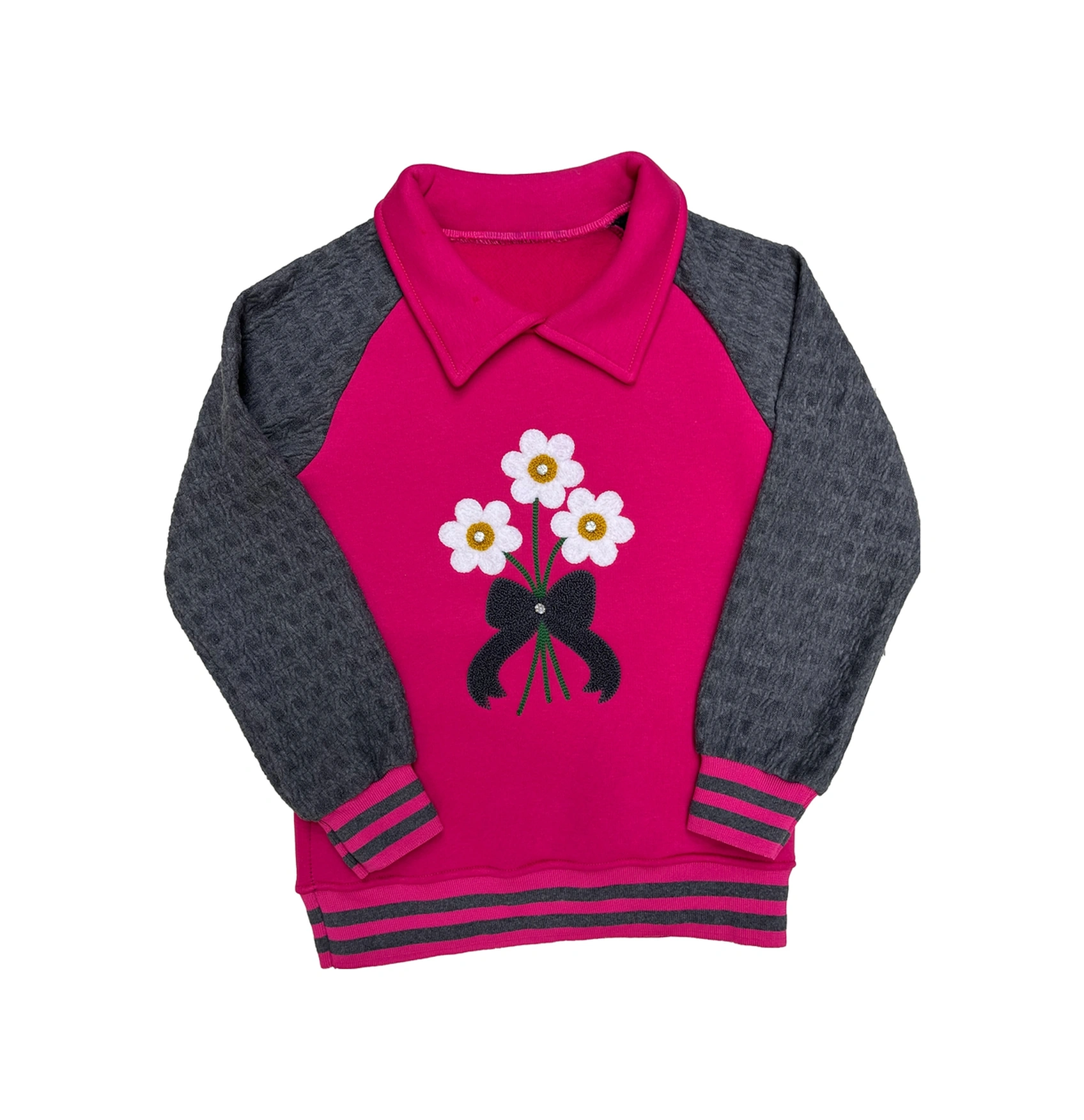 Kız Çocuk Papatya Nakışlı Ribana Detaylı 3 İplik Alt- Üst Takım 12322 Fuşya