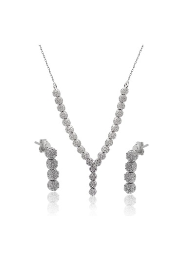 Zirkon Taşlı Yuvarlak Model 925 Ayar Gümüş İkili Set 201024691 Gümüş