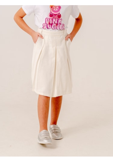 Kız Çocuk Gabardin Pileli Keten Etek 2958 Beyaz