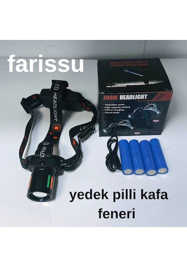 25-30w 6800mah Zoomlu Kafa Feneri 1000 Lümen, 1 Km Menzil, 4 Adet 18650 Pil Yedek Pilli Siyah